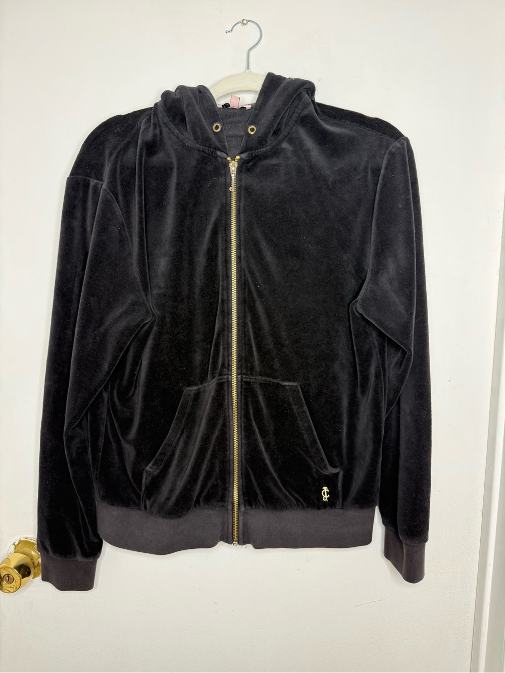 Juicy Couture Black Velour Zip Hoodie with Gold Hardware